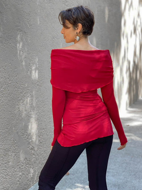 women natural rayon jersey red long sleeve tunic with versatile cowl neck and thumbholes and hood #color_red