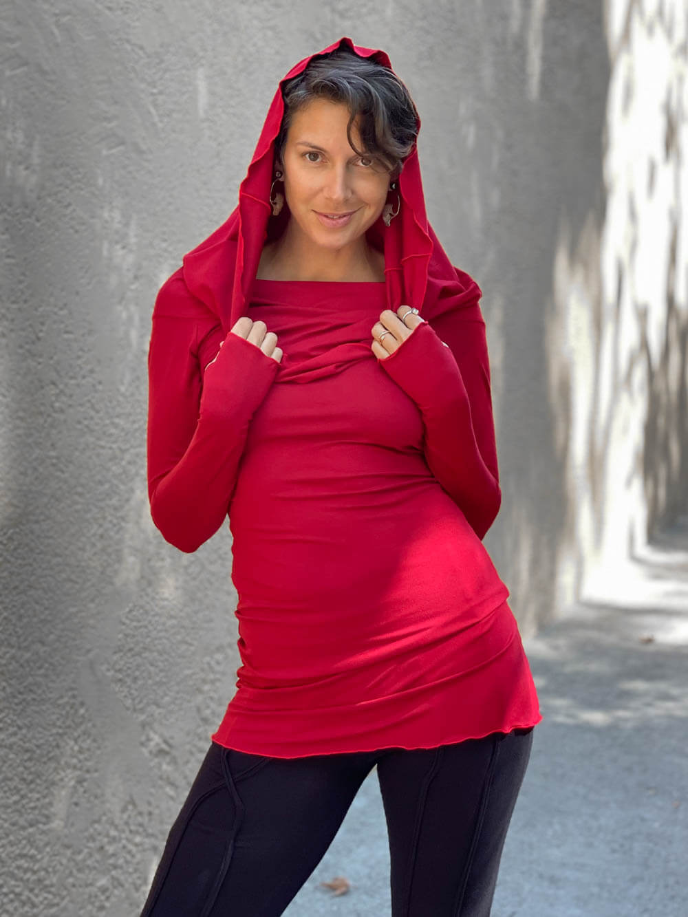 women natural rayon jersey red long sleeve tunic with versatile cowl neck and thumbholes and hood #color_red