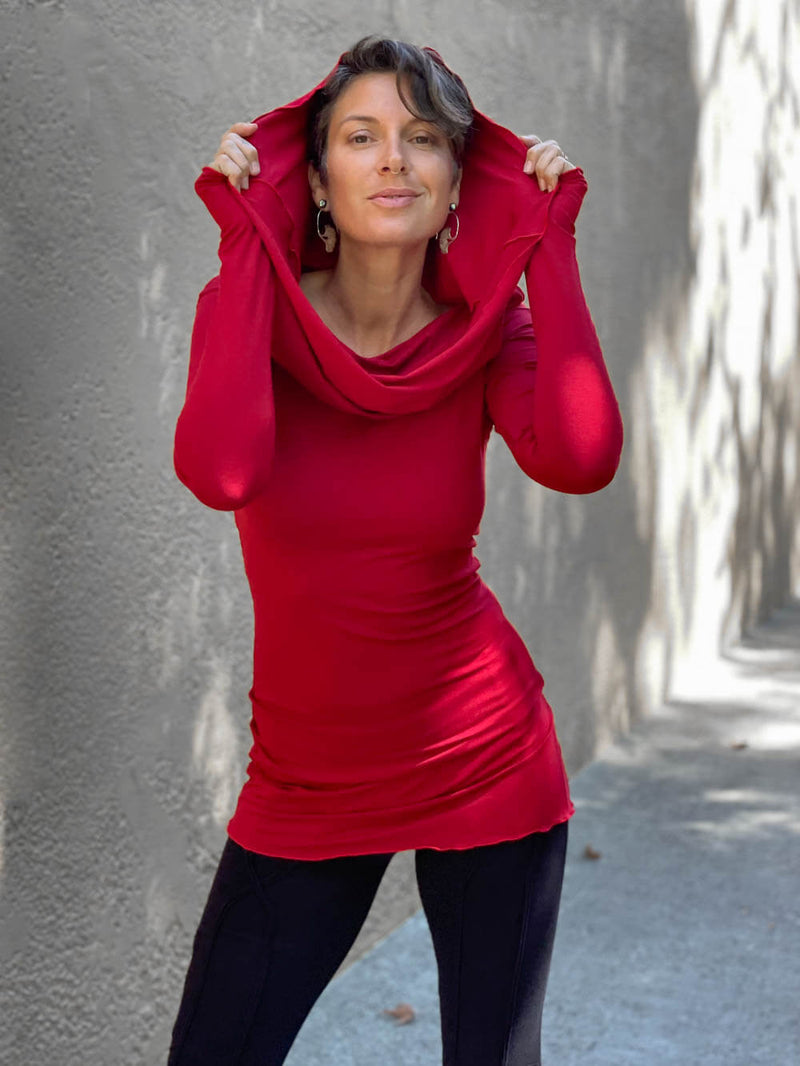 women natural rayon jersey red long sleeve tunic with versatile cowl neck and thumbholes and hood #color_red