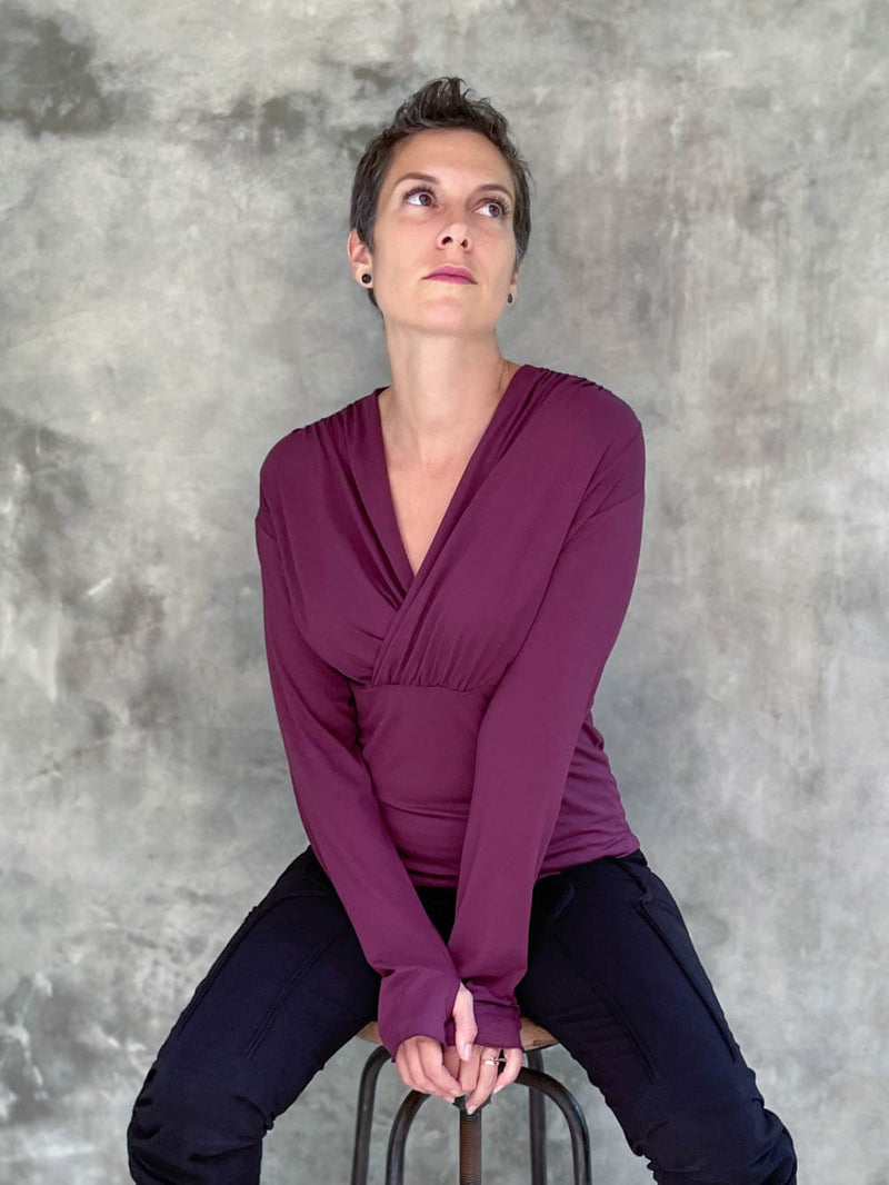 caraucci plant-based rayon stretch jersey jam long sleeve cross over neckline top #color_jam