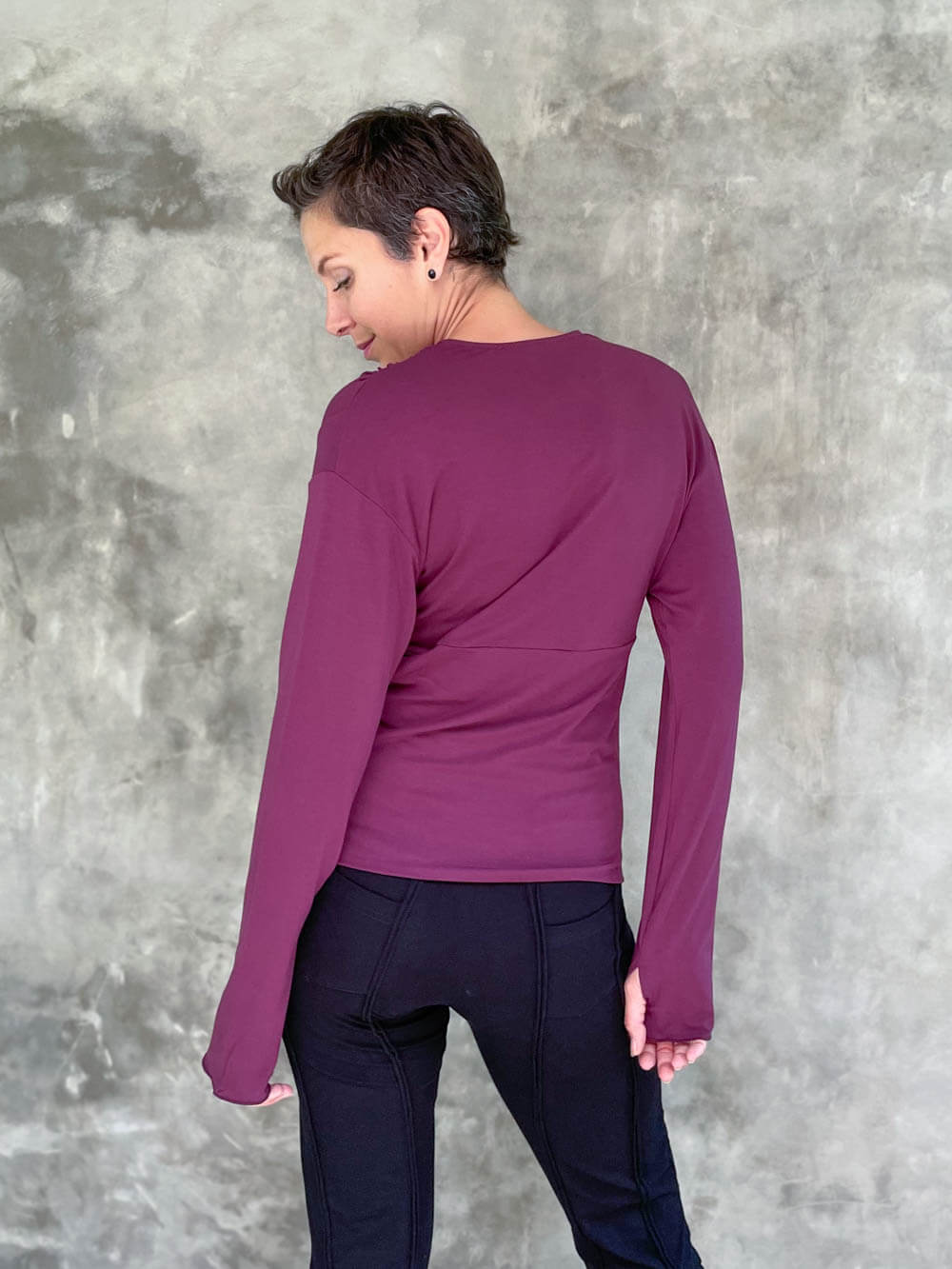 caraucci plant-based rayon stretch jersey jam long sleeve cross over neckline top #color_jam