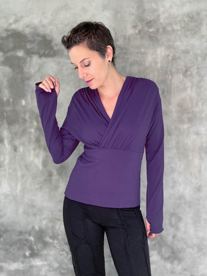 caraucci plant-based rayon stretch jersey purple long sleeve cross over neckline top #color_plum