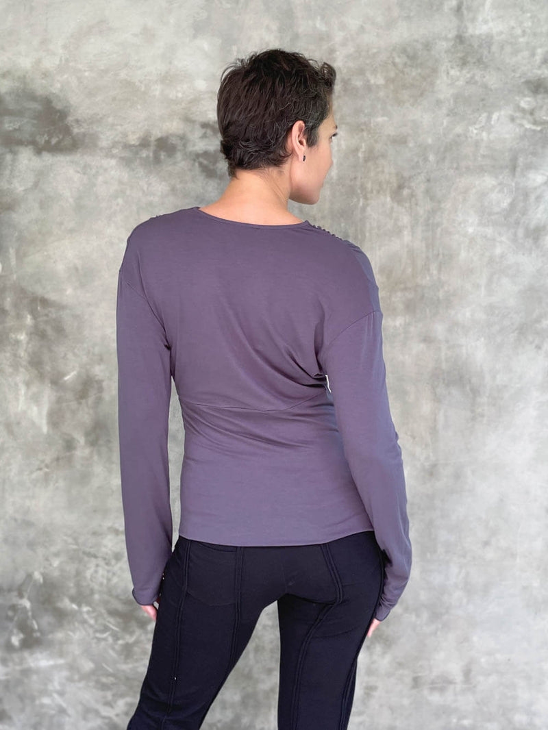 caraucci plant-based rayon stretch jersey steel grey long sleeve cross over neckline top #color_steel