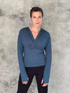 caraucci plant-based rayon stretch jersey teal blue long sleeve cross over neckline top #color_teal