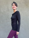 women's plant based rayon jersey long sleeve black top with slight cowl neck and side ruching #color_black