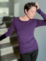 women's plant based rayon jersey long sleeve purple top with slight cowl neck and side ruching #color_plum