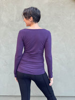 women's plant based rayon jersey long sleeve purple top with slight cowl neck and side ruching #color_plum