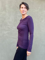 women's plant based rayon jersey long sleeve purple top with slight cowl neck and side ruching #color_plum