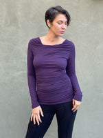 women's plant based rayon jersey long sleeve purple top with slight cowl neck and side ruching #color_plum
