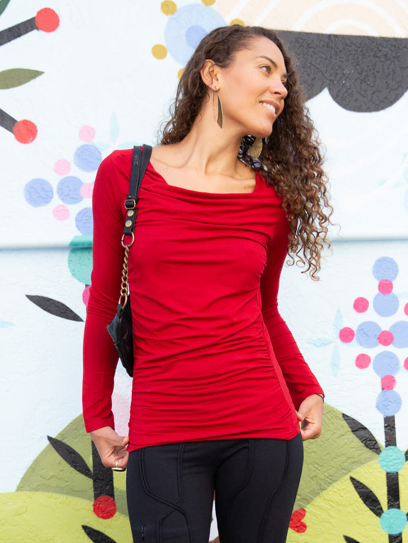 women's plant based rayon jersey long sleeve red top with slight cowl neck and side ruching #color_red