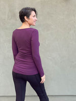 women's plant based rayon jersey long sleeve purple top with slight cowl neck and side ruching #color_jam