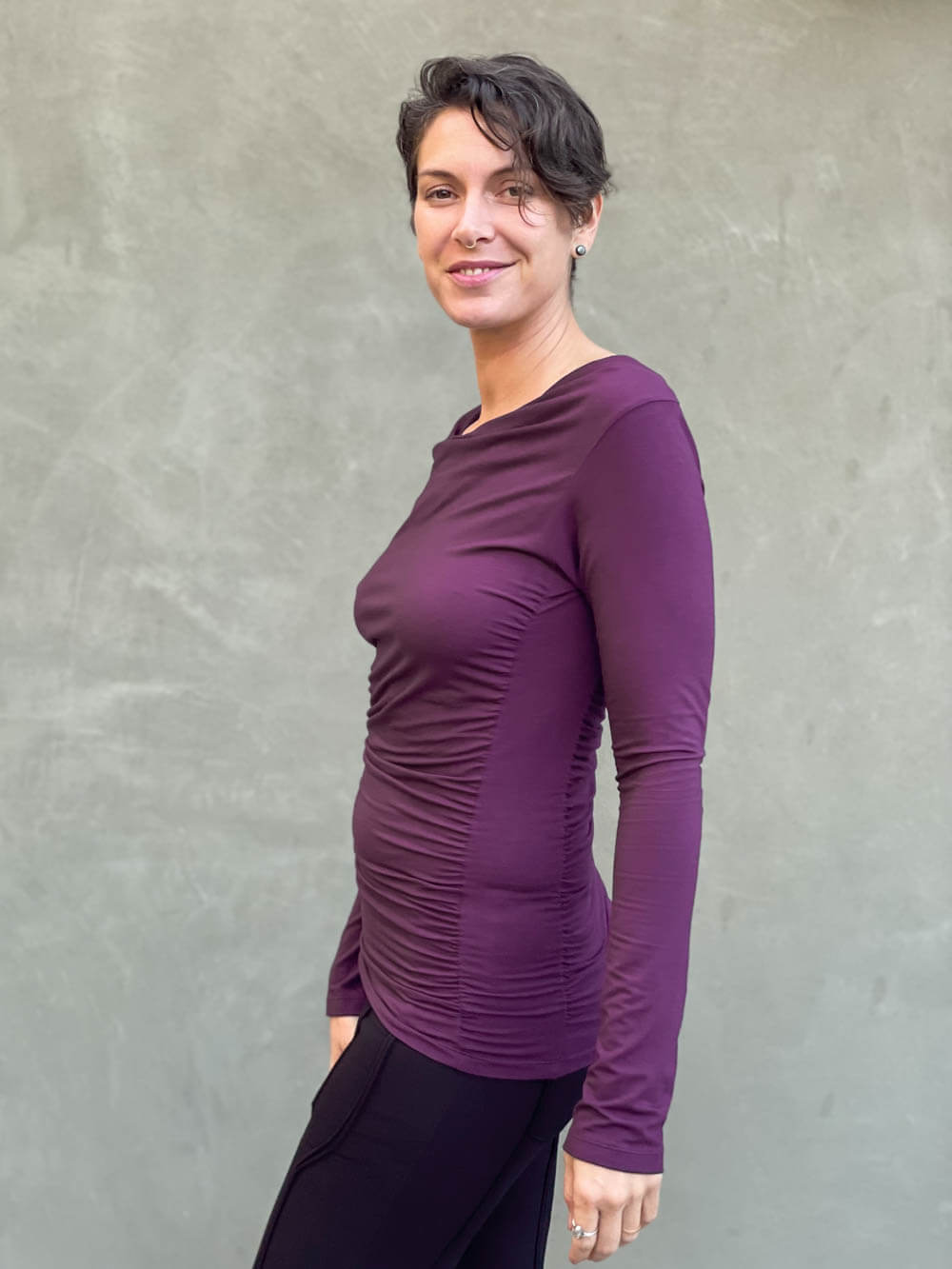 women's plant based rayon jersey long sleeve purple top with slight cowl neck and side ruching #color_jam