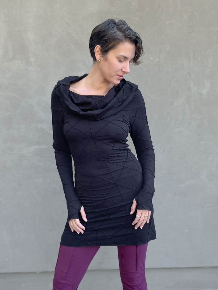 women's plant-based textured jersey long sleeve versatile cowl neck black tunic  #color_black