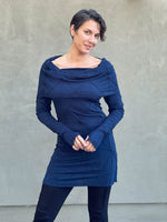 women's plant-based textured jersey long sleeve versatile cowl neck navy blue tunic  #color_navy