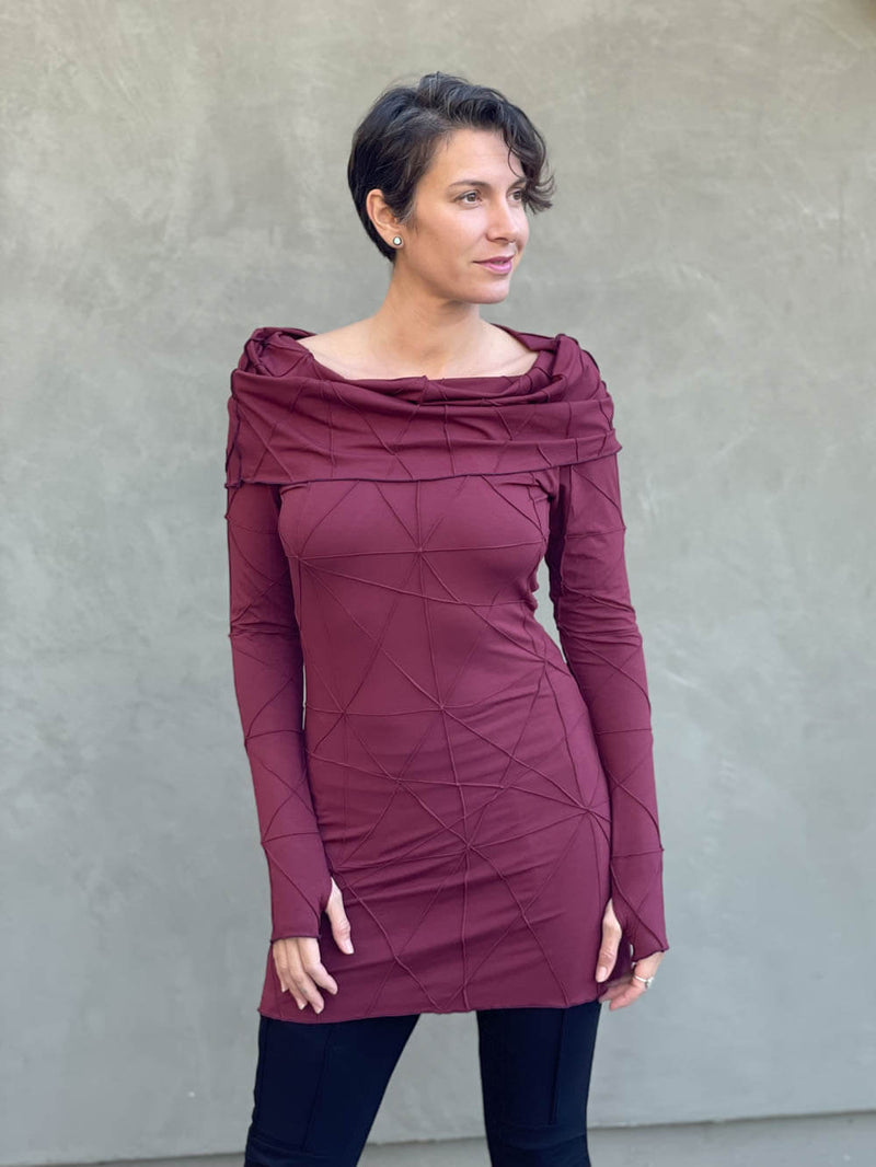 women's plant-based textured jersey long sleeve versatile cowl neck maroon tunic  #color_wine