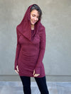 women's plant-based textured jersey long sleeve versatile cowl neck maroon tunic  #color_wine