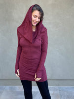 women's plant-based textured jersey long sleeve versatile cowl neck maroon tunic  #color_wine