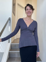 women's long sleeve plant-based rayon jersey steel grey top with deep twist v-neck #color_steel