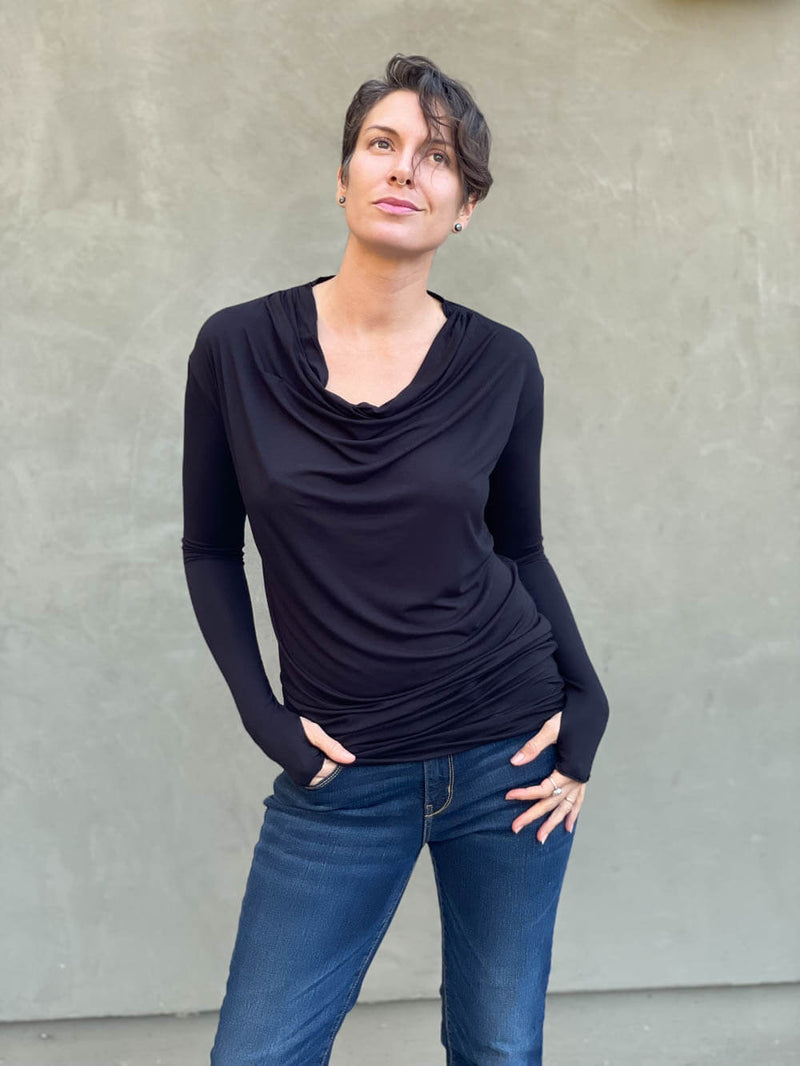 women's plant based rayon jersey lightweight long sleeve black top with thumbholes #color_black