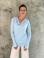 women's plant based rayon jersey lightweight long sleeve light blue top with thumbholes #color_canal-blue