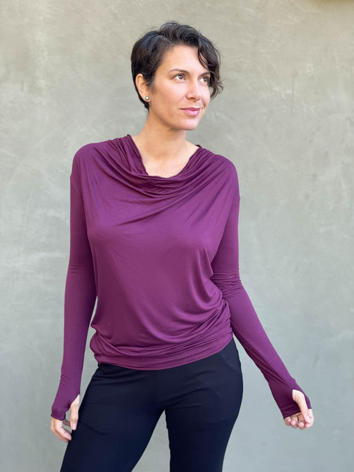 women's plant based rayon jersey lightweight long sleeve purple top with thumbholes #color_jam