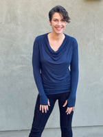 women's plant based rayon jersey lightweight long sleeve navy blue top with thumbholes #color_navy