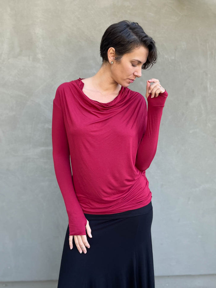 women's plant based rayon jersey lightweight long sleeve scarlet red top with thumbholes #color_scarlet