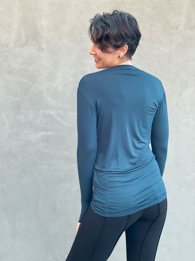 women's plant based rayon jersey lightweight long sleeve teal blue top with thumbholes #color_teal