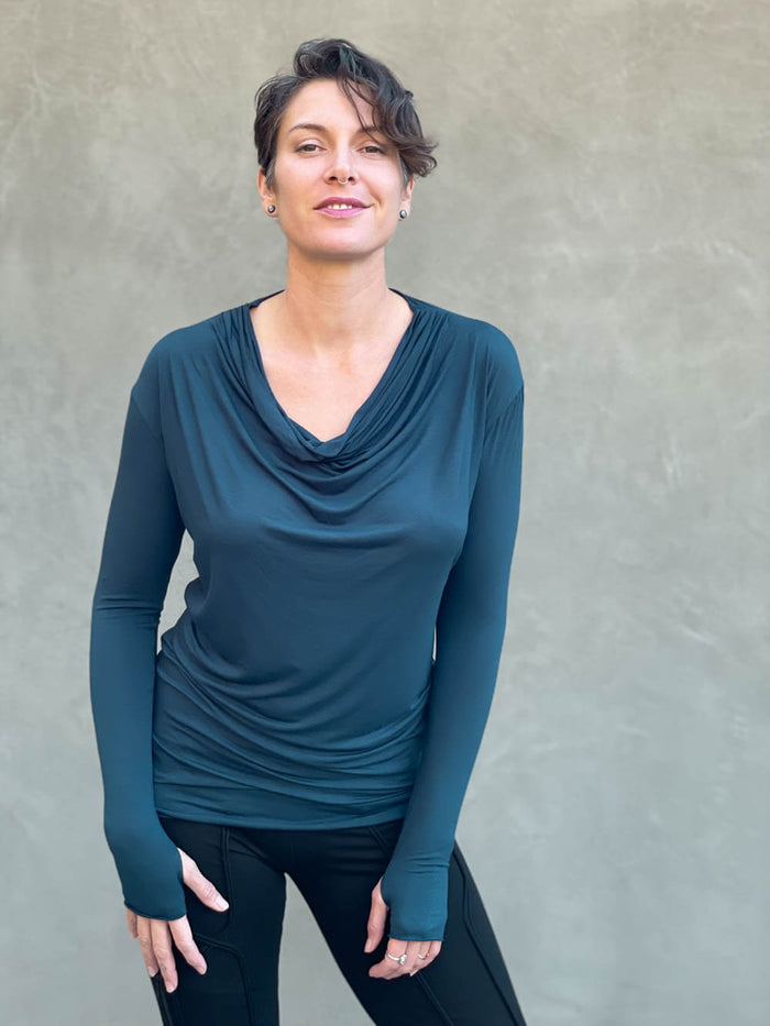 women's plant based rayon jersey lightweight long sleeve teal blue top with thumbholes #color_teal