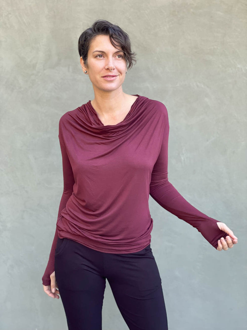 women's plant based rayon jersey lightweight long sleeve maroon top with thumbholes #color_wine