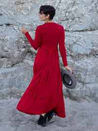 women's plant-based rayon jersey stretchy long sleeve wrap style red maxi dress #color_red