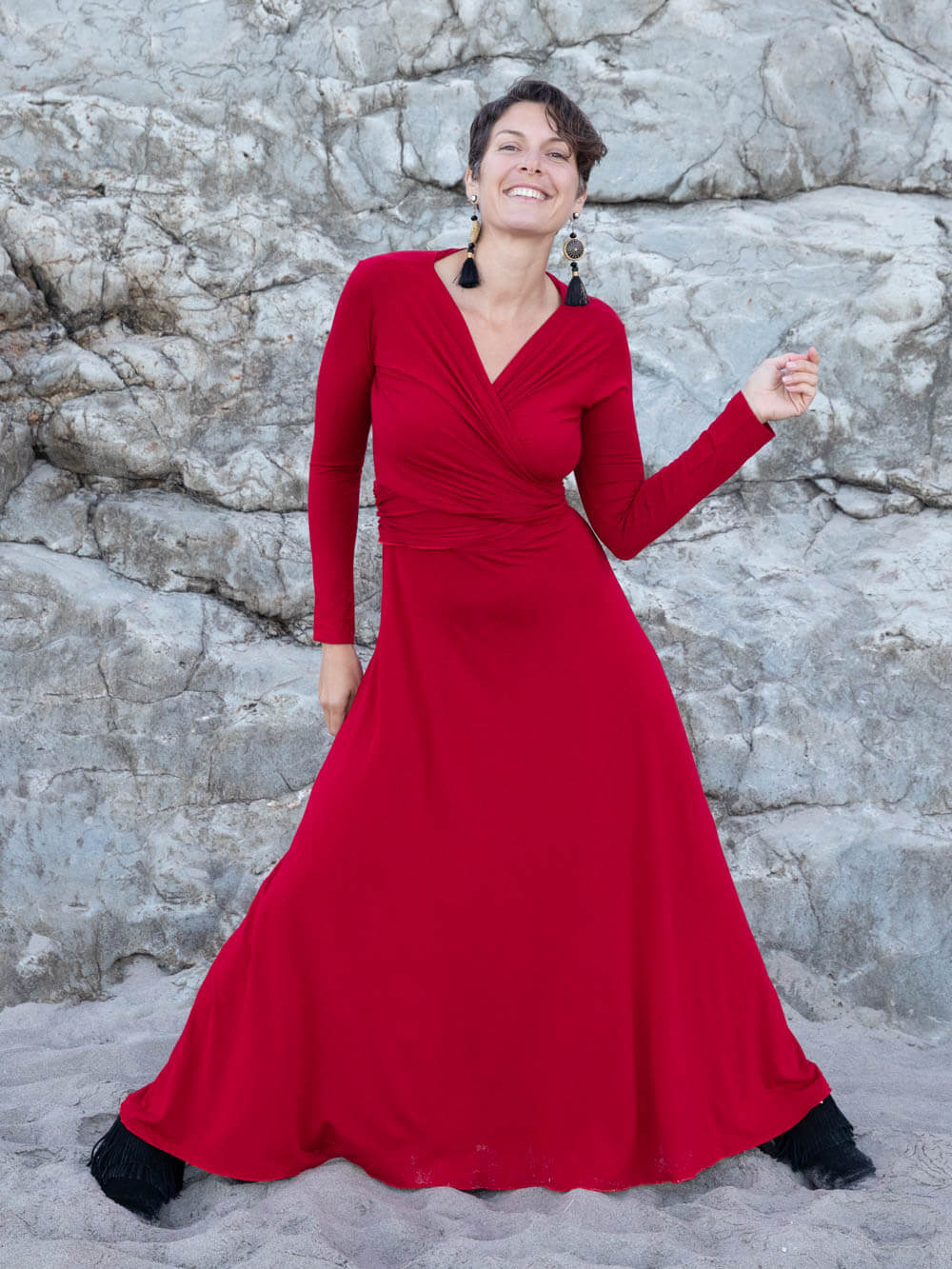 women's plant-based rayon jersey stretchy long sleeve wrap style red maxi dress #color_red