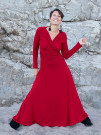 women's plant-based rayon jersey stretchy long sleeve wrap style red maxi dress #color_red