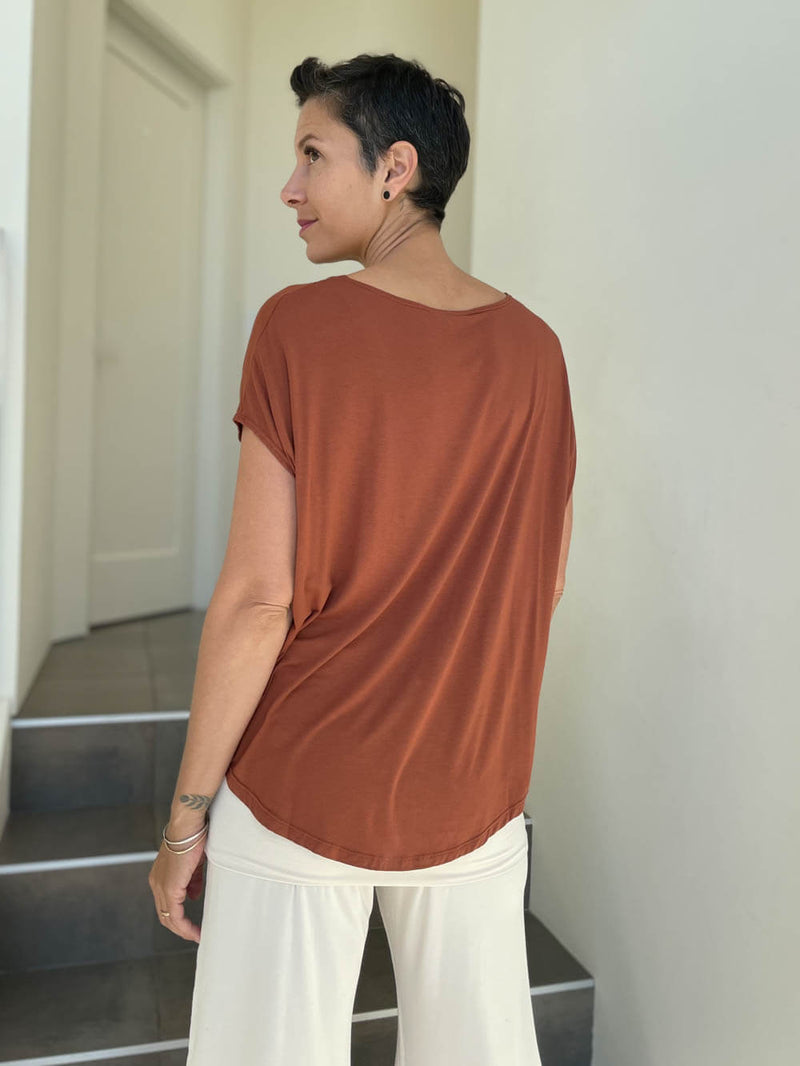 caraucci plant-based rayon jersey lightweight rust unstructured cap sleeve tee #color_copper