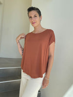 caraucci plant-based rayon jersey lightweight rust unstructured cap sleeve tee #color_copper