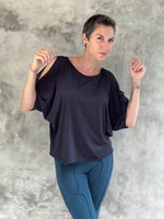 caraucci soft pima cotton teal blue peekaboo sleeve loose fit tee shirt #color_black