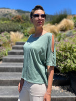 caraucci soft pima cotton sage green peekaboo sleeve loose fit tee shirt #color_moss