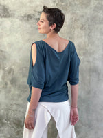 caraucci soft pima cotton teal blue peekaboo sleeve loose fit tee shirt #color_teal
