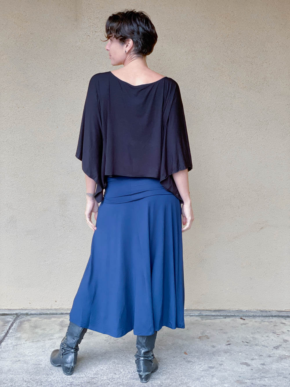 women's plant based rayon jersey stretchy navy blue midi skirt can also be worn as a dress #color_navy