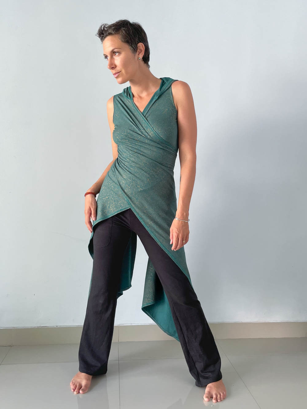 women's plant based rayon jersey snake print jasper green and gold adjustable hooded wrap vest or top #color_jasper