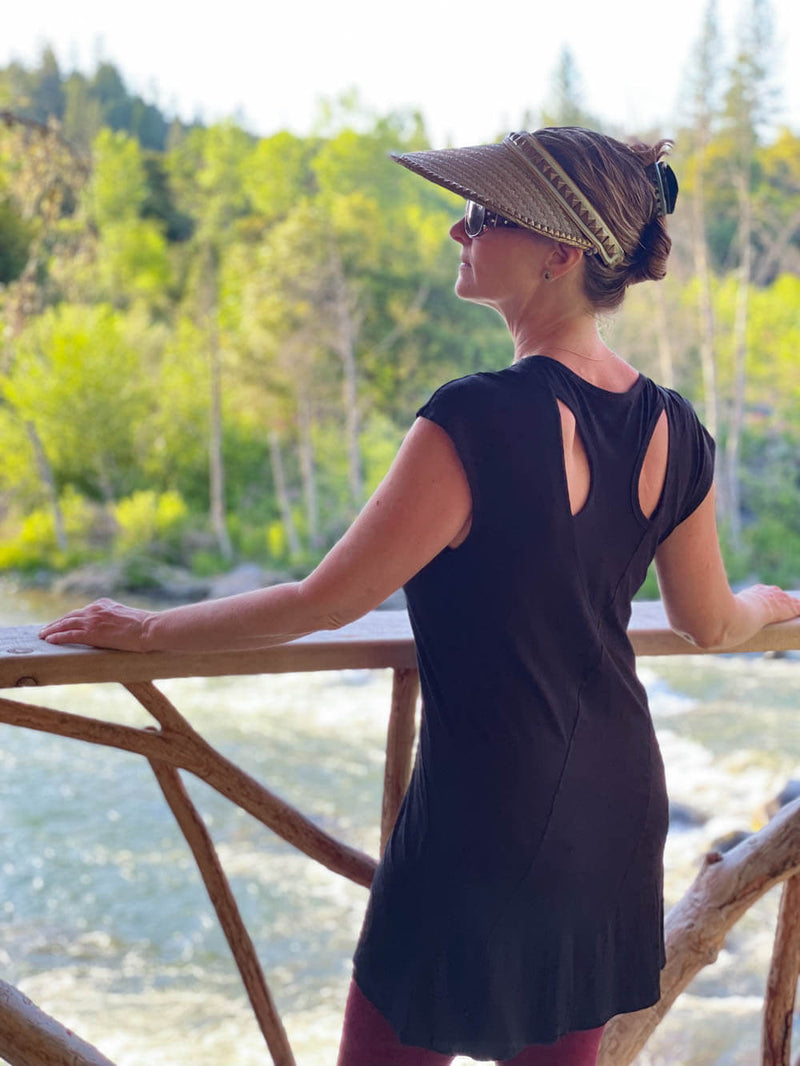 women's plant-based stretchy black racerback sporty tunic #color_black
