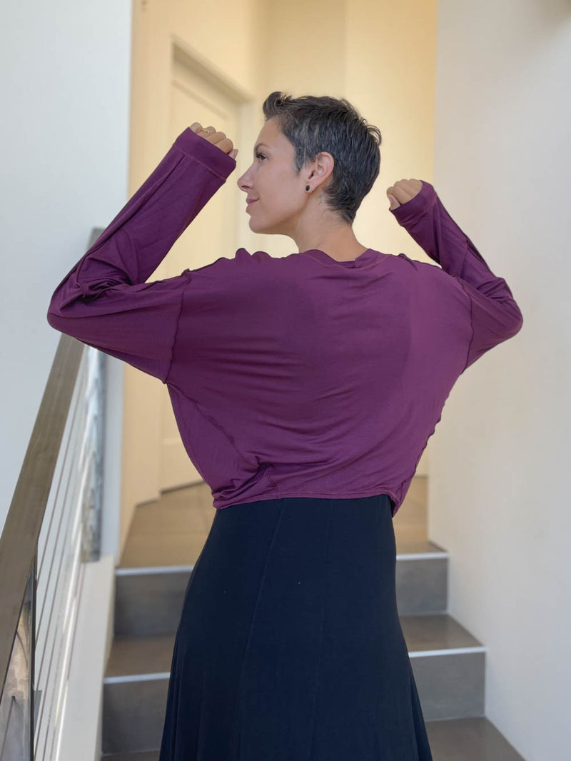 caraucci lightweight plant-based-rayon jersey purple reversible long sleeve knot front shrug top #color_jam