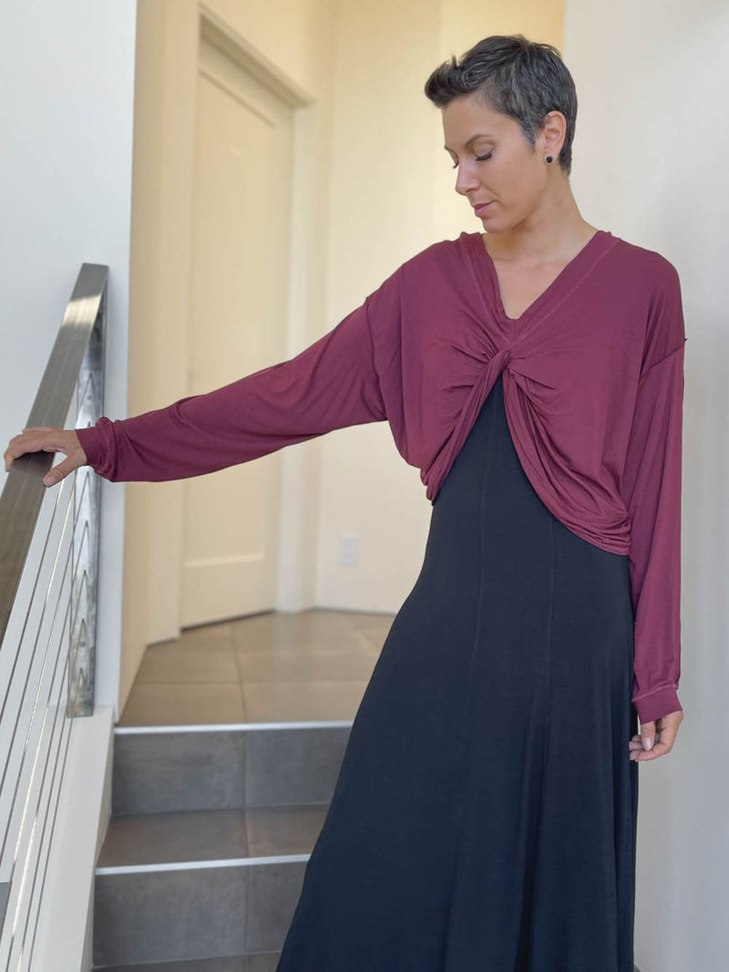 caraucci lightweight plant-based-rayon jersey maroon reversible long sleeve knot front shrug top #color_wine
