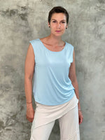 caraucci plant-based lightweight rayon jersey light blue reversible ruched tank top #color_canal-blue