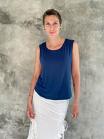 caraucci plant-based lightweight rayon jersey navy blue reversible ruched tank top #color_navy