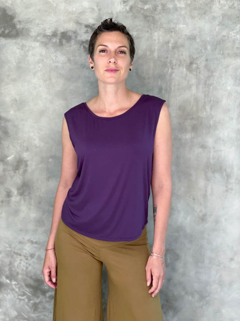 caraucci plant-based lightweight rayon jersey purple reversible ruched tank top #color_plum
