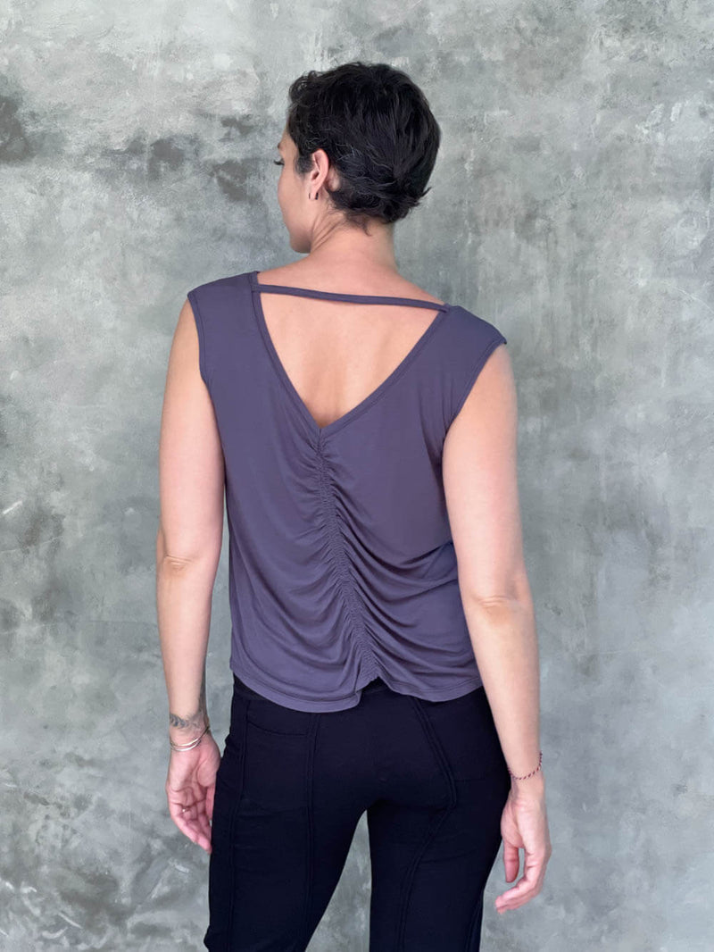 caraucci plant-based lightweight rayon jersey steel grey reversible ruched tank top #color_steel