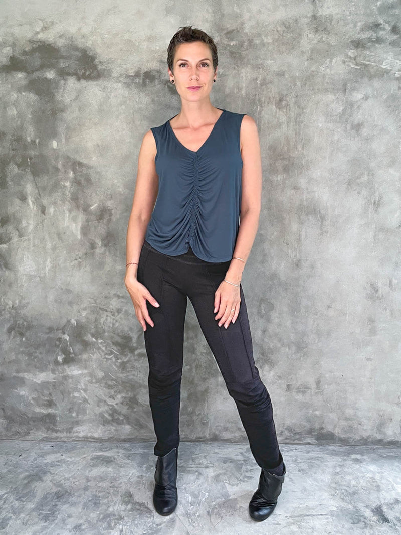 caraucci plant-based lightweight rayon jersey teal blue reversible ruched tank top #color_teal