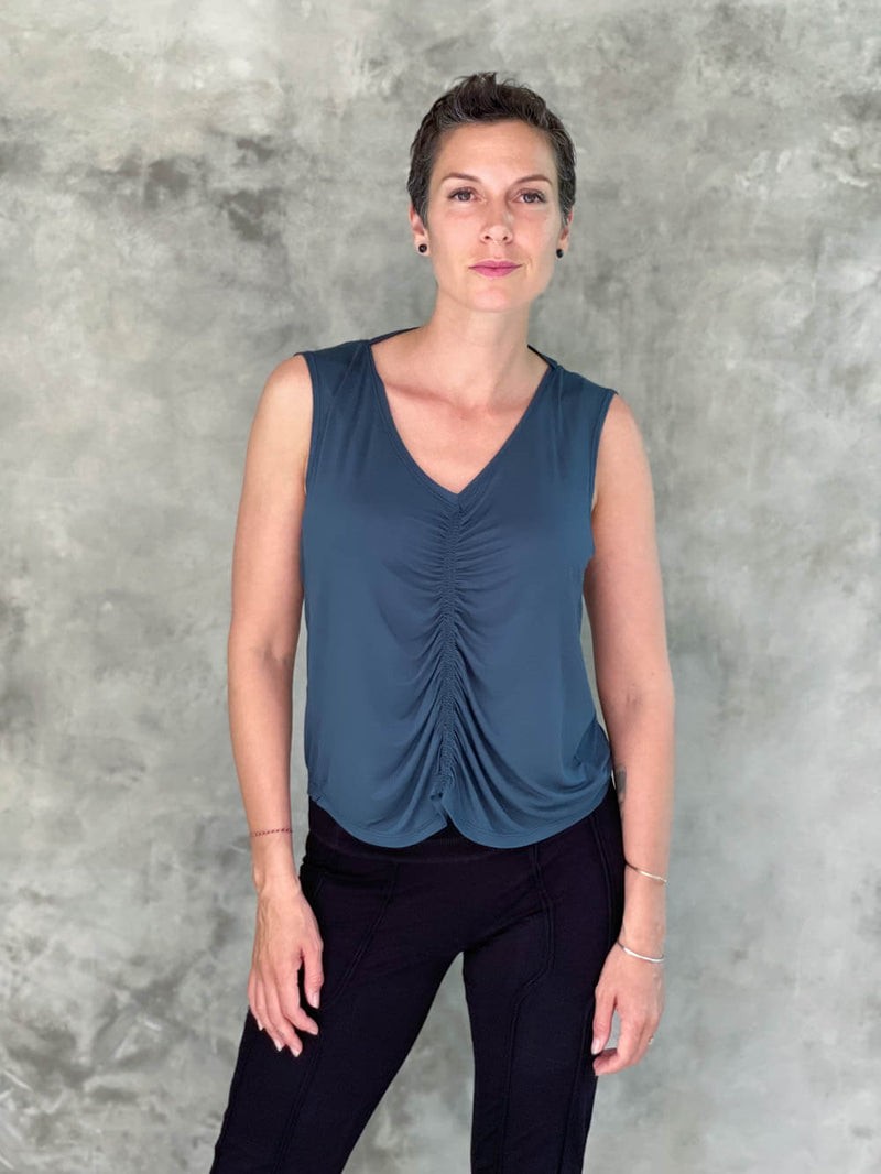 caraucci plant-based lightweight rayon jersey teal blue reversible ruched tank top #color_teal