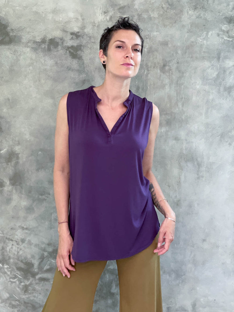 caraucci plant-based soft rayon jersey purple sleeveless loose fit kurta style tunic #color_plum